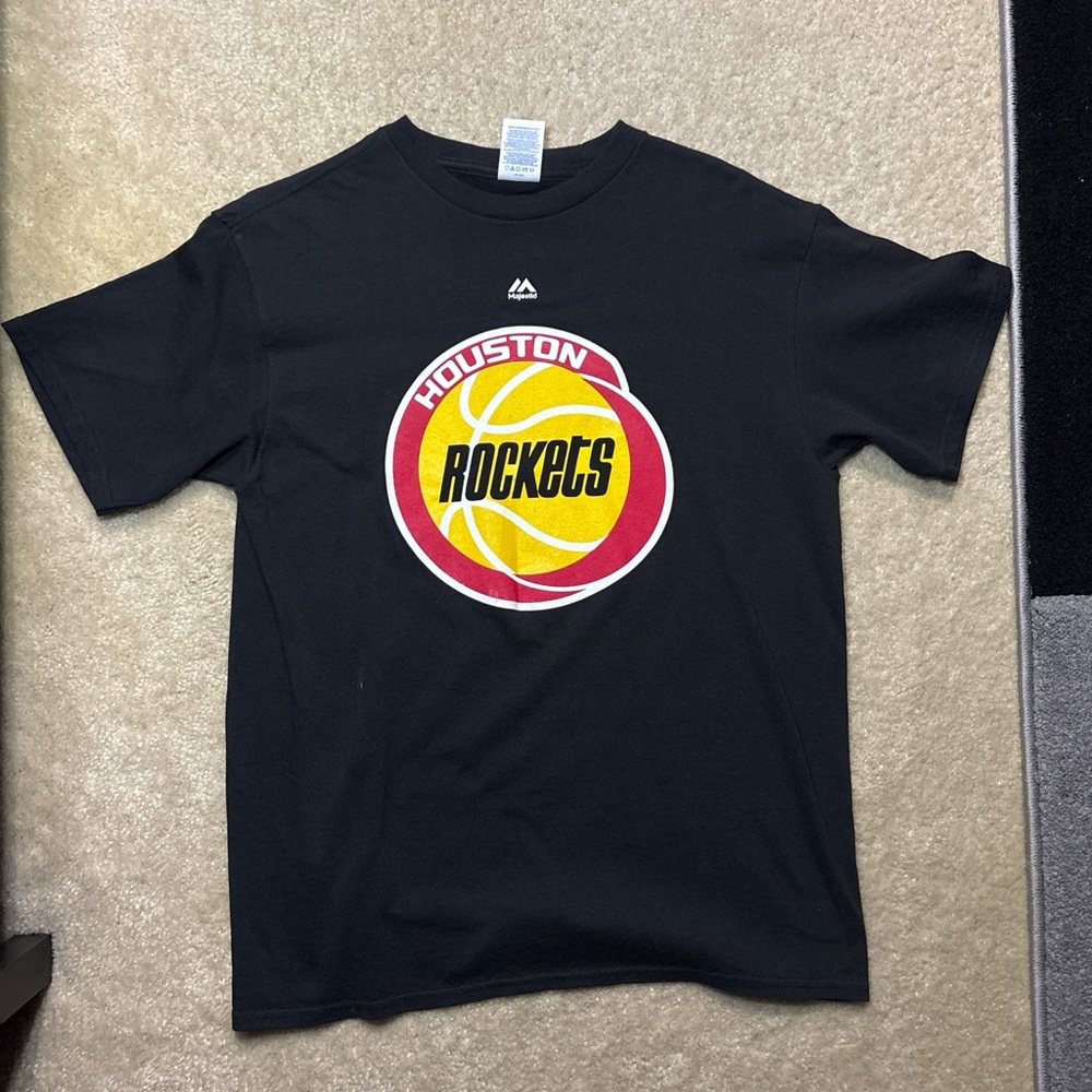 Majestic Black Houston Rockets Logo Tee with Red and Yellow Emblem
